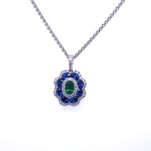 White Gold Diamond, Emerald And Sapphire Necklace