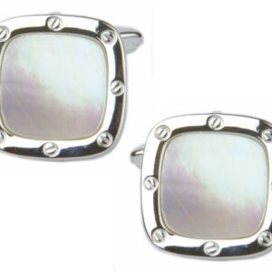 Mother of Pearl Port Hole Rhodium Plate Cushion Cufflinks