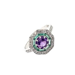 White Gold Unusual Amethyst , Emerald And Diamond Ring