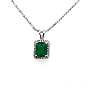 Silver Green Emerald Shape Cubic Zirconia Pendant