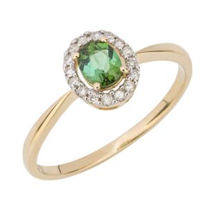 Green Tourmaline With Diamond Surround Ring In Yellow Gold