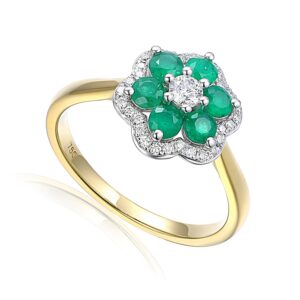 Yellow Gold Diamond & Emerald Flower Ring