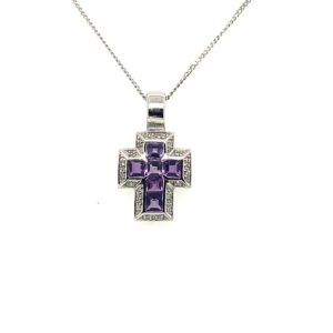 White Gold Amethyst & Diamond Cross Pendant