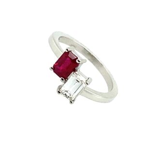 Platinum Ruby & Emerald Cut Diamond Two Stone Ring