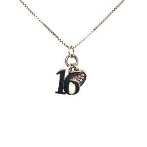 Silver Number 16 Pendant, With CZ Heart