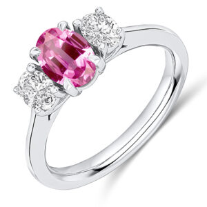 Platinum Oval Cut Diamond & Pink Sapphire Trilogy Ring