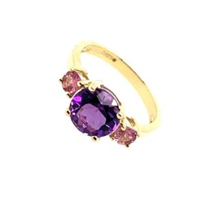 Yellow Gold Amethyst & Pink Tourmaline Trilogy Ring
