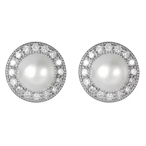 White Gold Pearl & Diamond Stud Earrings