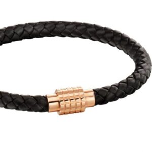 Hexagon Ridge Clasp Rose Black Leather Plait Bracelet
