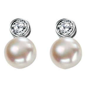 Silver Fresh Water Pearl And CZ Earrings