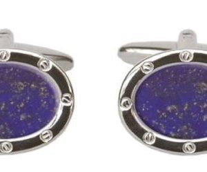 Lapis Lazuli Stone Set Oval Port Hole Rhodium Plated Cufflinks