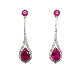 Silver White & Red CZ Drop Earrings