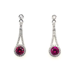 Silver White & Red CZ Drop Earrings