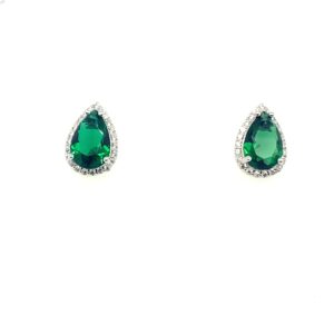 Silver White & Green CZ Stud Earrings