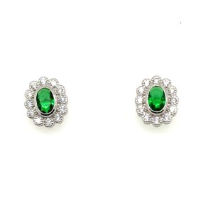 Silver White & Green CZ Stud Earrings