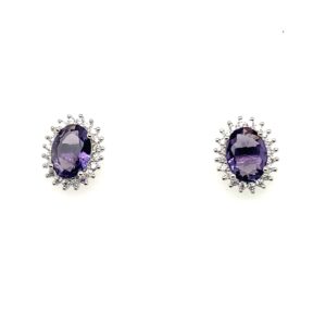 Silver White & Purple CZ Cluster Stud Earrings