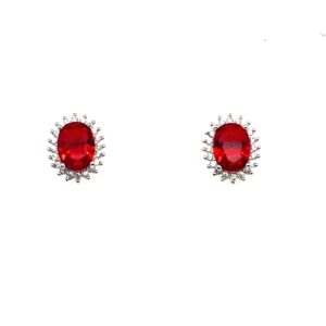 Silver White & Red CZ Cluster Stud Earrings