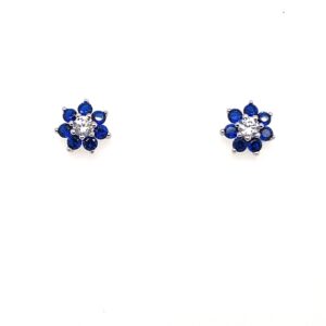 Silver White & Blue CZ Flower Stud Earrings