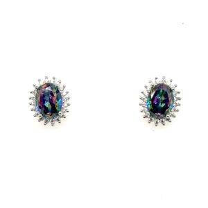 Silver White & Purple/Green CZ Cluster Stud Earrings