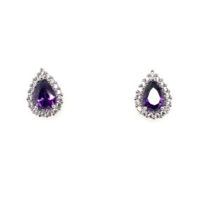 Silver White & Purple Pear Shaped CZ Stud Earrings