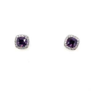 Silver White & Purple Cushion CZ Stud Earrings