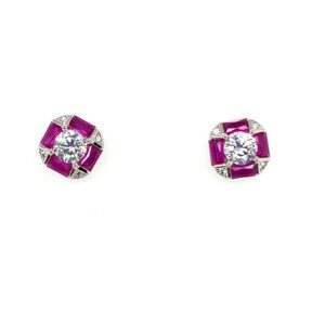 Silver White & Red Square CZ Stud Earrings