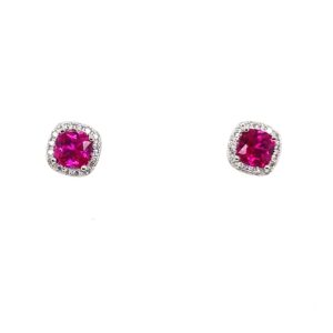 Silver White & Red Cushion CZ Stud Earrings
