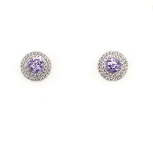 Silver White & Purple Round CZ Stud Earrings