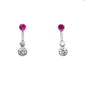 Silver White & Red CZ Drop Earrings