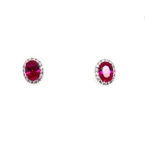Silver White & Red Oval CZ Stud Earrings