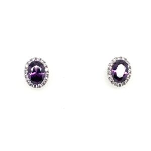 Silver White & Purple Oval CZ Stud Earrings