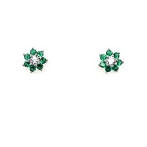 Silver White & Green CZ Flower Stud Earrings