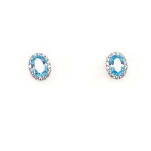 Silver White & Light Blue Oval CZ Stud Earrings
