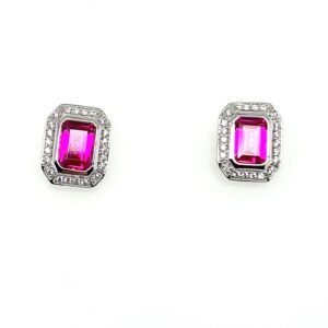 Silver White & Red CZ Stud Earrings