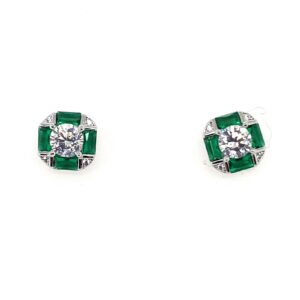Silver White & Green Square CZ Stud Earrings