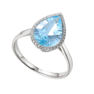 White Gold Blue Topaz & Diamond Pear Shape Ring
