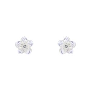 Carved Mother of Pearl Flower Stud Earrings with Diamond