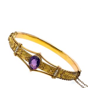 Pre-Owned Yellow Gold Amethyst & Pearl Bangle