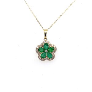 Yellow Gold Diamond & Emerald Flower Pendant