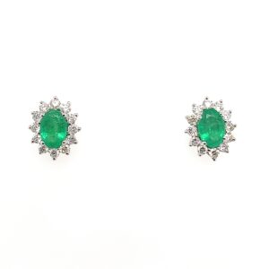 White Gold Emerald & Diamond Cluster Stud Earrings
