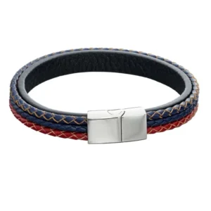 Woven Blue, Red & Grey Leather Bracelet